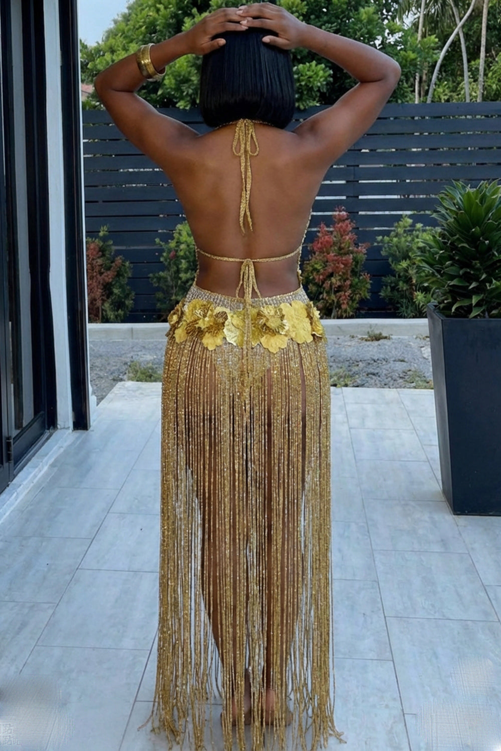 Halter Deep V Neck 3D Flower Fringe Slim Fit Maxi Dresses-Gold
