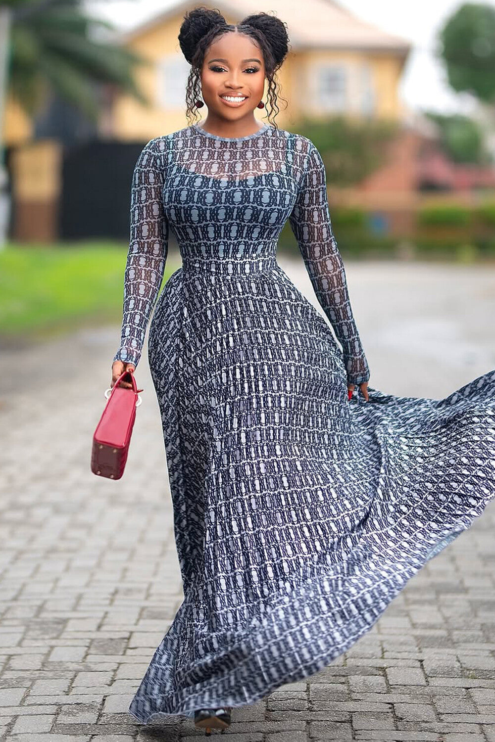 Round Neck All Over Print Long Sleeve Top Maxi Skirt 2pcs Set-Blue