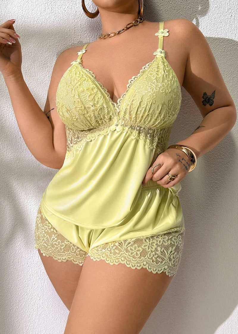 Plus Size Lace Satin Cami Pajama Set – Sexy Two-Piece Sleepwear for Women