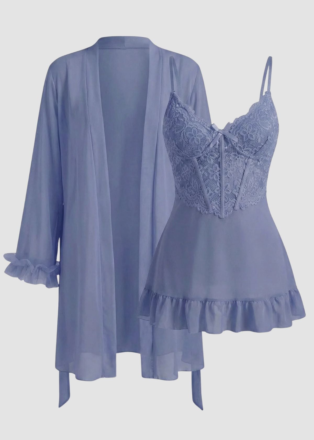 Lace Cami Nightgown & Floral Lace Trim Wide Sleeve Sheer Robe
