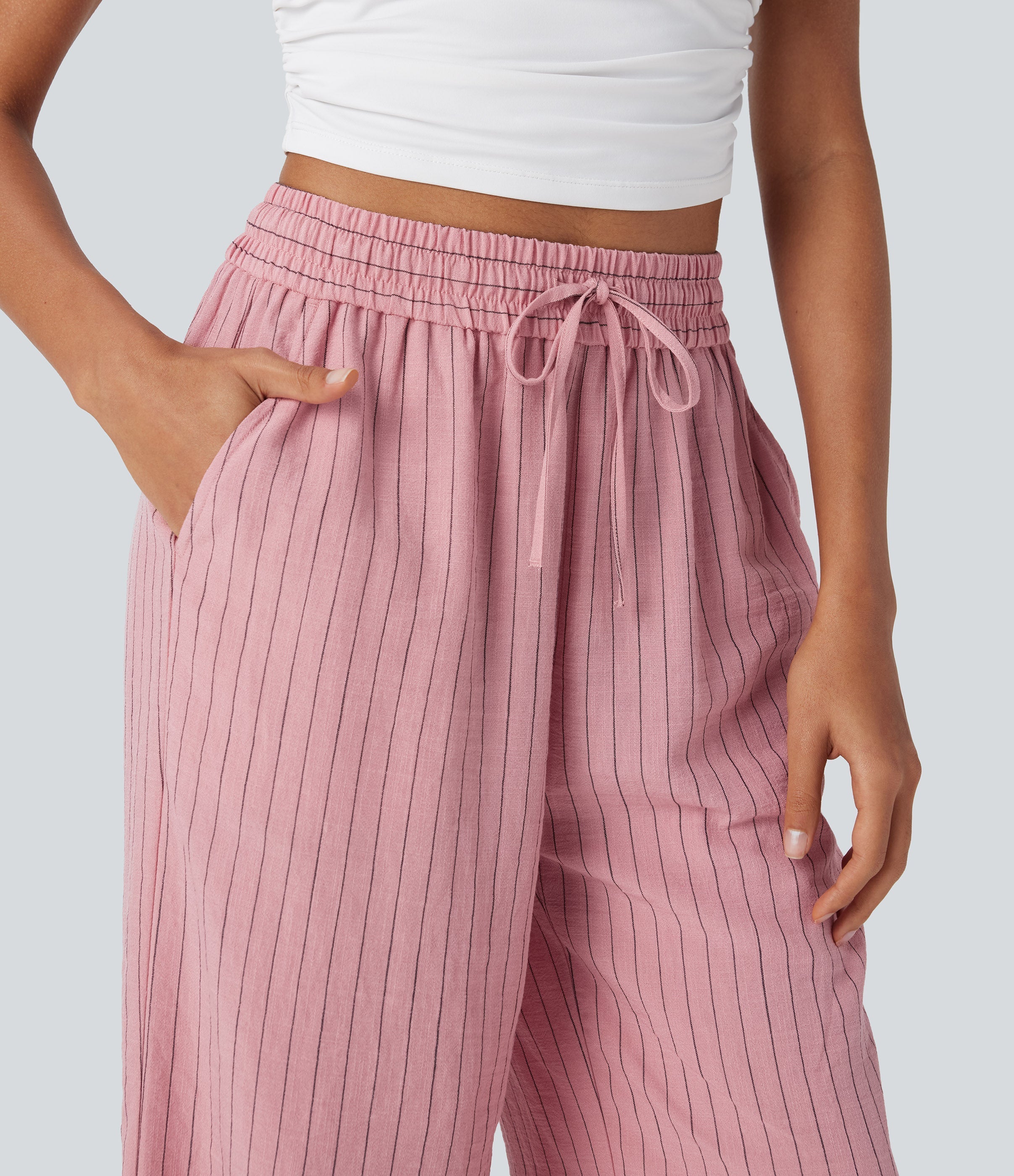 High Waisted Drawstring Wide Leg Stripe Casual Linen-Feel Pants with Pockets