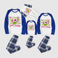 Christmas Family Matching Pajamas-Blue Raglan Top Blue Plaid Pants Pjs Set with Grinch Cartoon Print