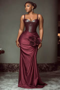 PU Leather Contrast 3D Flower Wrapped Party Cami Maxi Dresses-Red