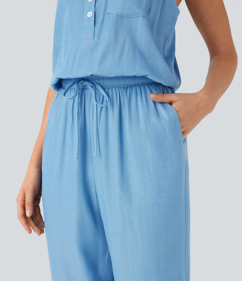 Drawstring Tapered Denim Like Casual Jumpsuit with Pockets