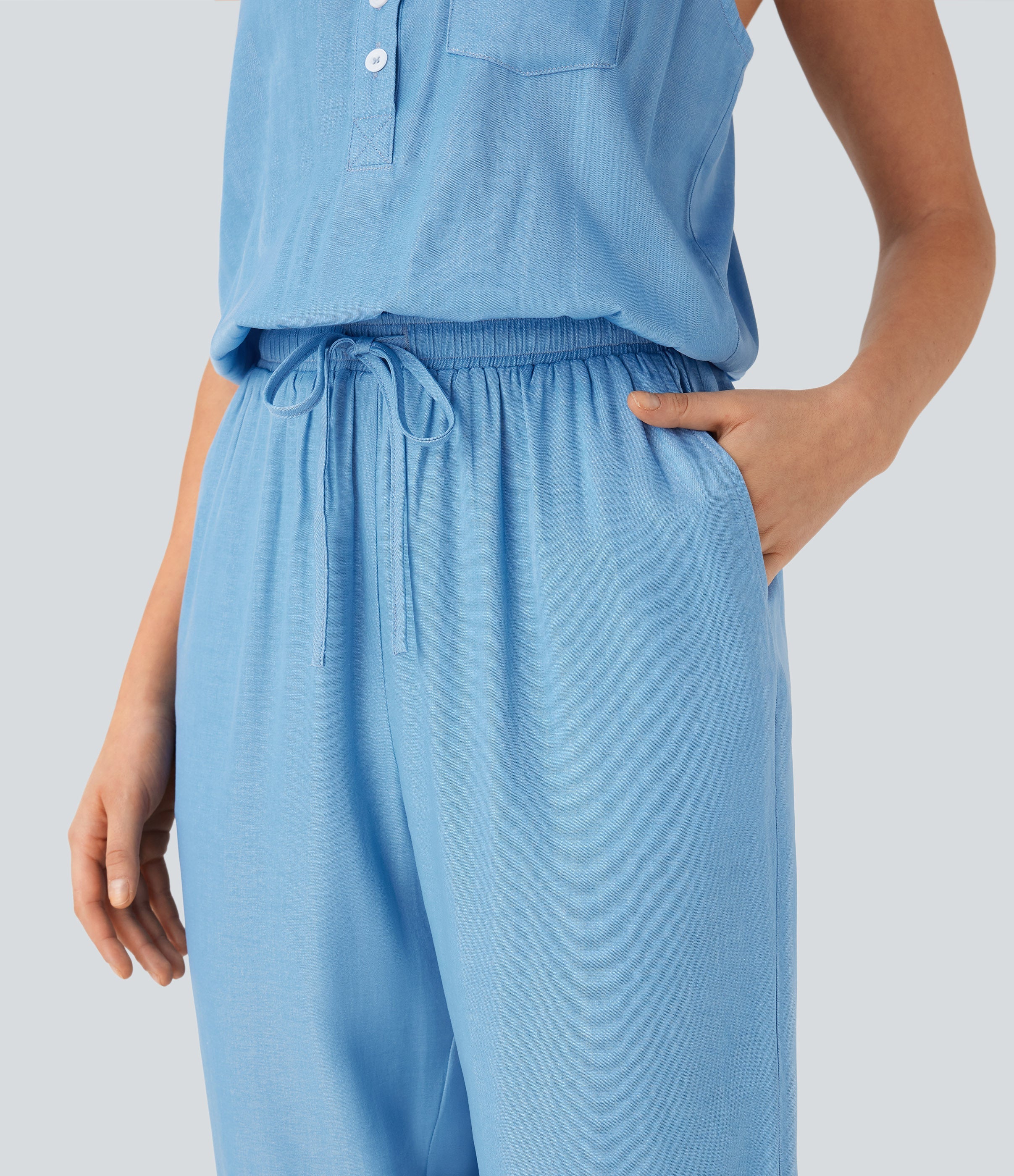 Drawstring Tapered Denim Like Casual Jumpsuit with Pockets