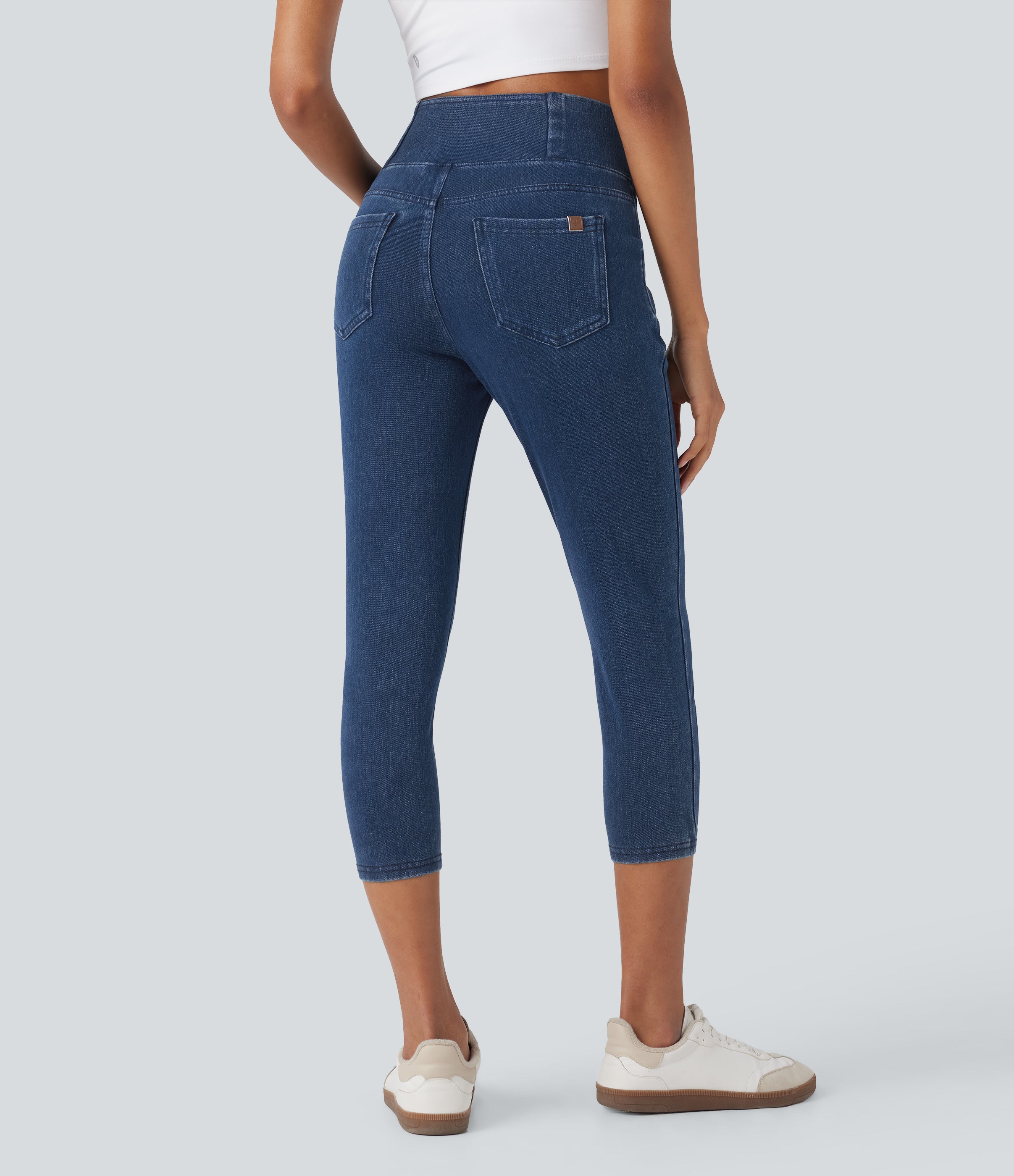 FlexTM Crossover High Waisted Denim Casual Capri Leggings with Pockets