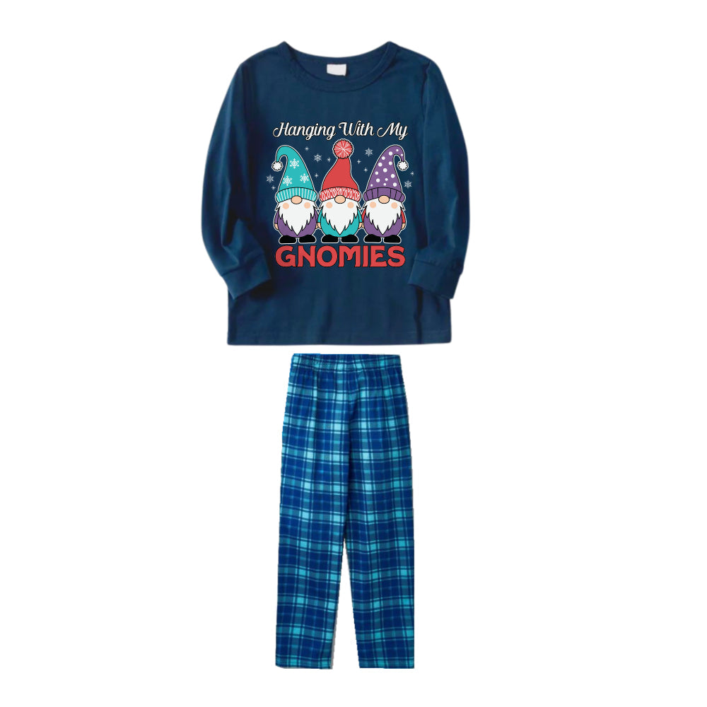 Christmas Family Matching Pajamas-Navy & Sky Blue Plaid Pjs Set with "Hanging With My Gnomies" and Gnome Cartoon Print