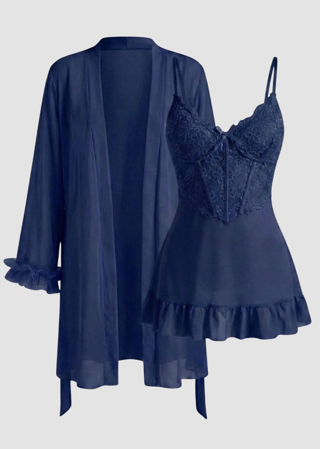 Lace Cami Nightgown & Floral Lace Trim Wide Sleeve Sheer Robe
