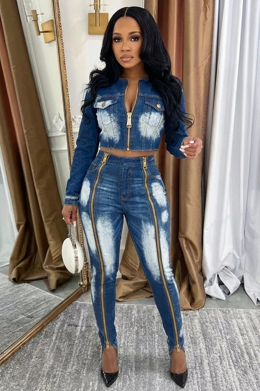 Zipper Denim Crop Top High Waist Pants Casual 2pcs Set-Blue