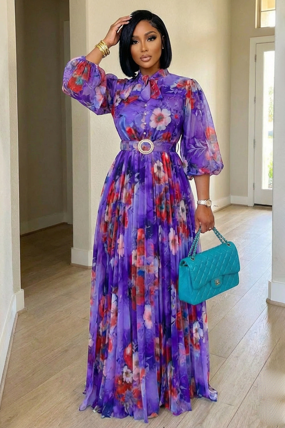 Tie Neck Balloon Sleeve Floral Pleated Casual Maxi Dresses-Purple
