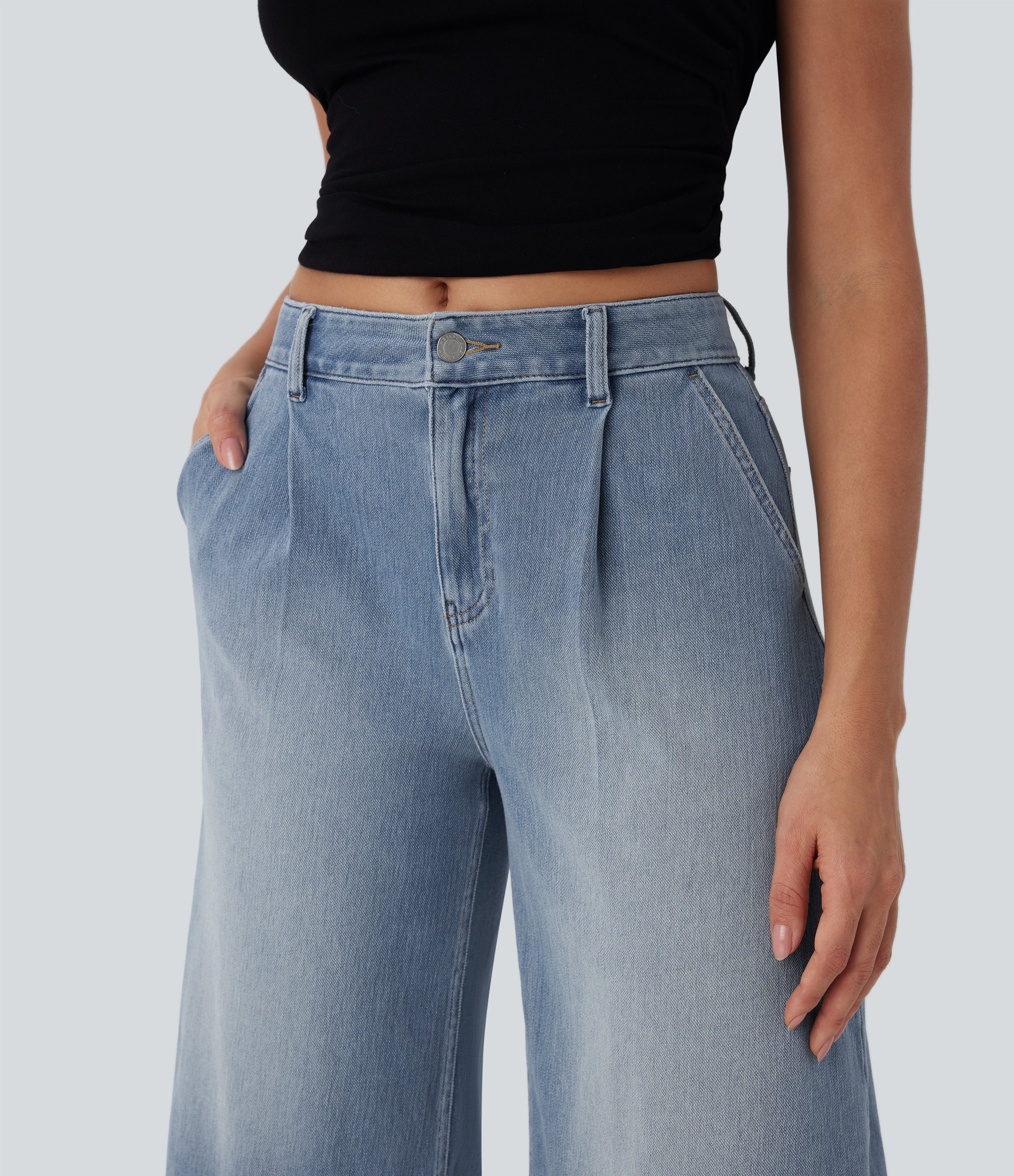 FlexTM Mid Rise Capri Wide Leg Washed Casual Jeans with Pockets
