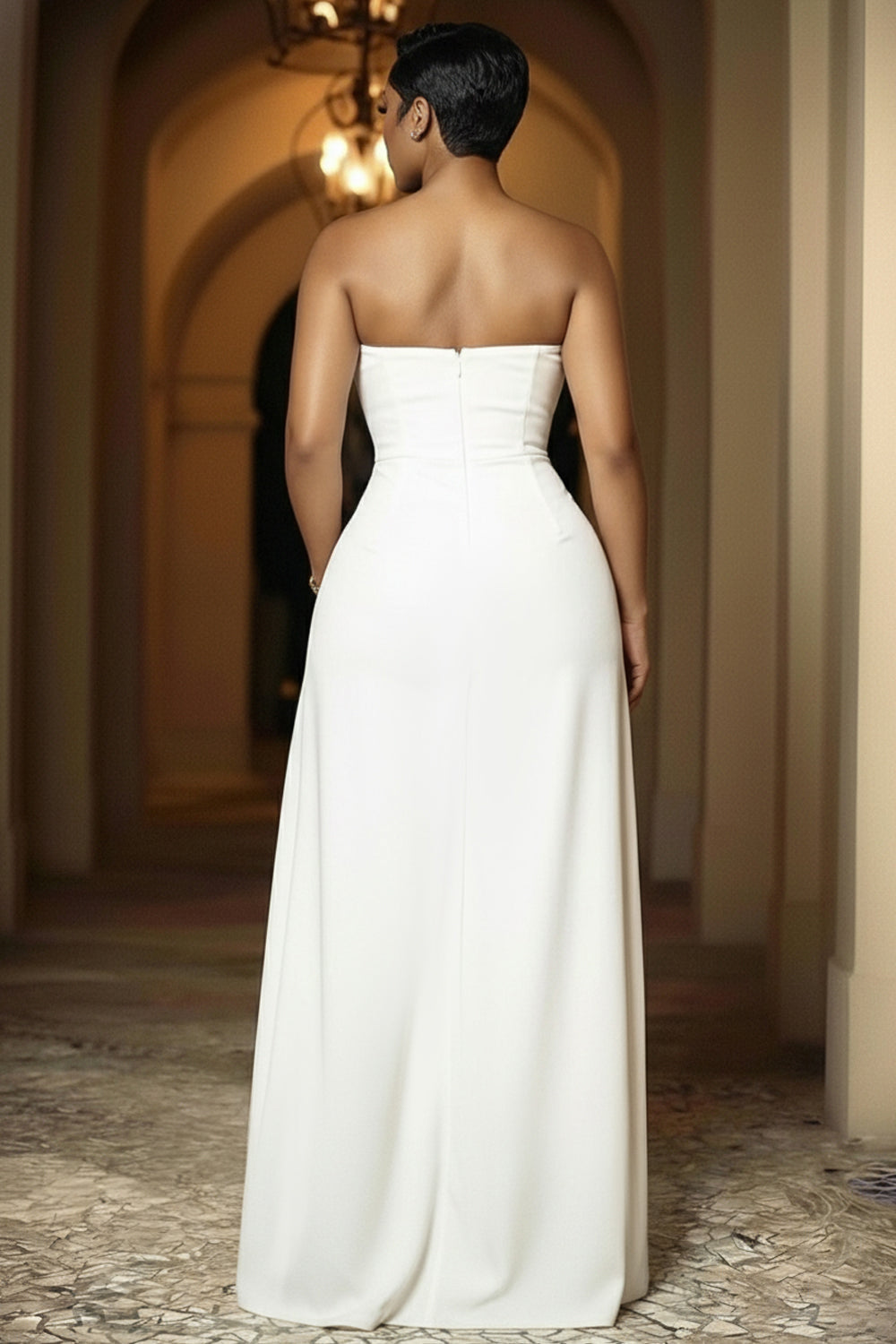 Strapless Metal Decor Wide Leg Train Colorblock Jumpsuit-White