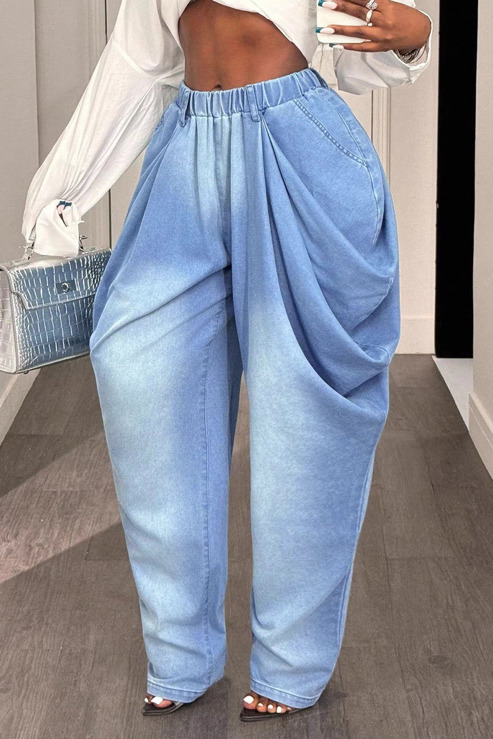 Vintage Faded Washed Denim Irregular Ruched Elastic Waist Casual Jeans-Blue