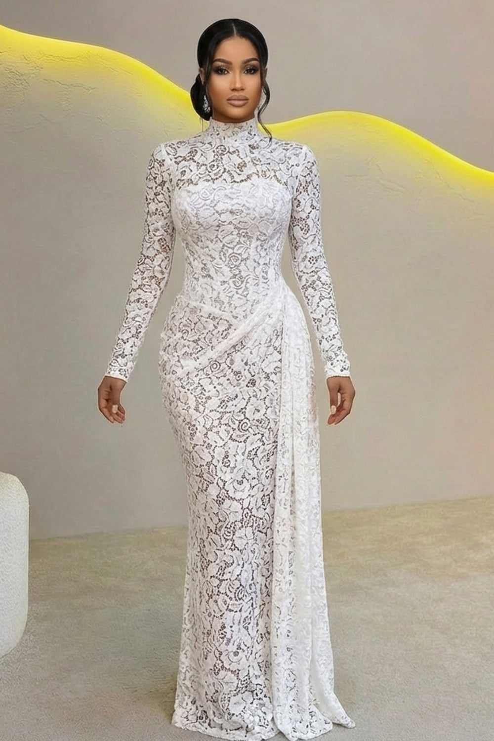 Mock Neck Long Sleeve Sash Guipure Lace Gowns Maxi Dresses-White
