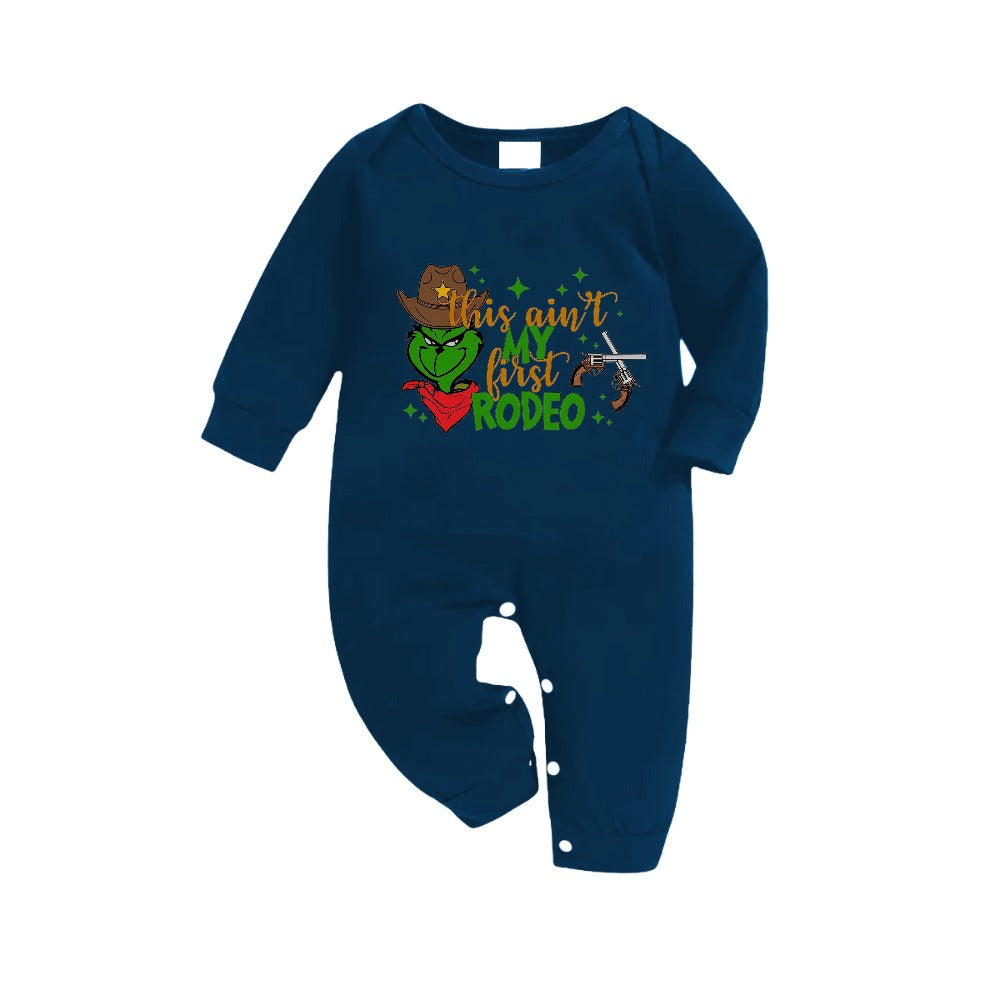 Christmas Family Matching Pajamas-Navy & Sky Blue Plaid Pjs Set with "This Ain't My First Rodeo" and Grinch Pattern Print