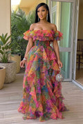 Off Shoulder Ruffle Trim Floral Gowns Maxi Dresses-Multicolor
