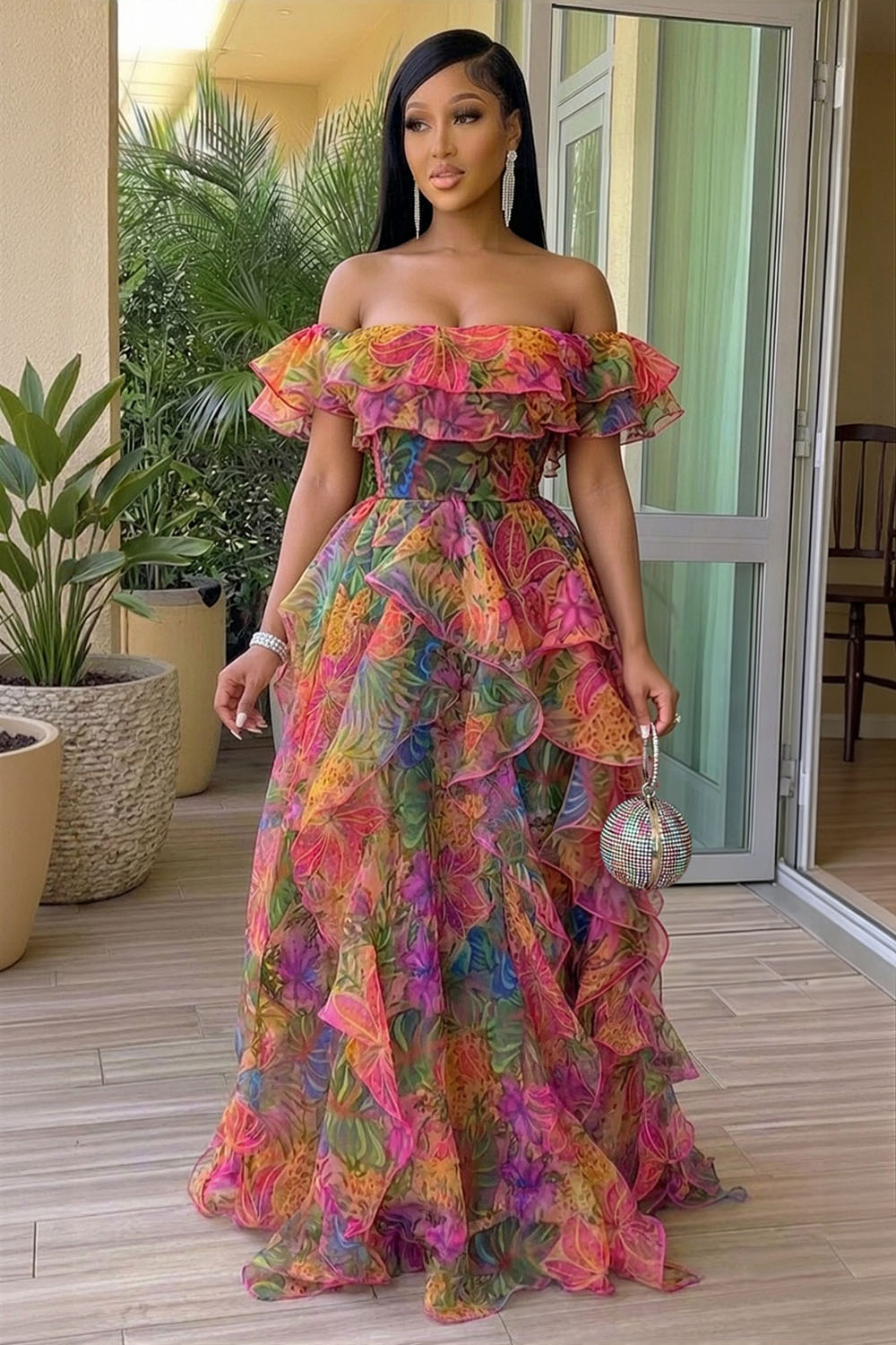 Off Shoulder Ruffle Trim Floral Gowns Maxi Dresses-Multicolor