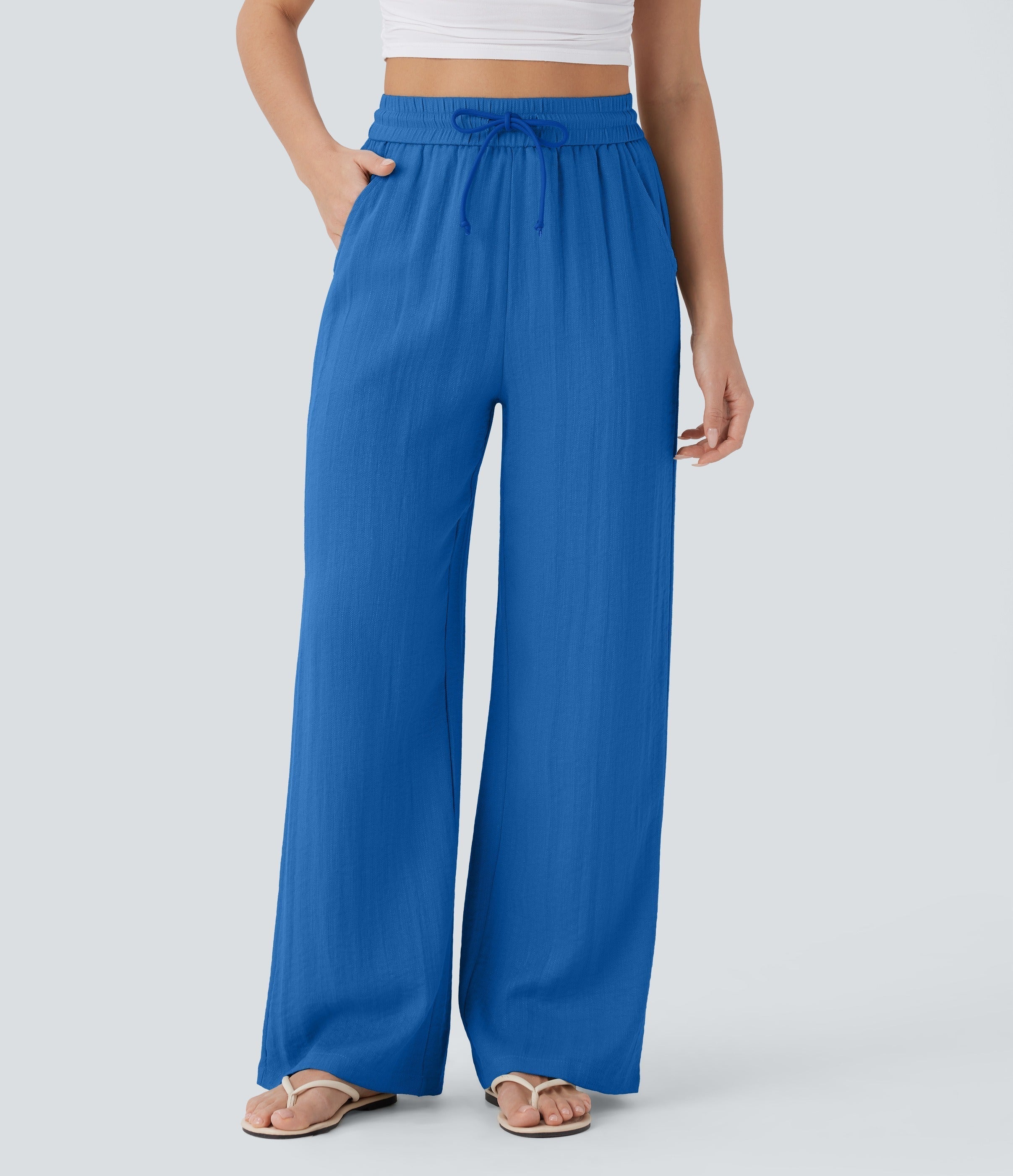 Women Summer High Waisted Drawstring Pocket Wide Leg Casual Linen-Feel Pants