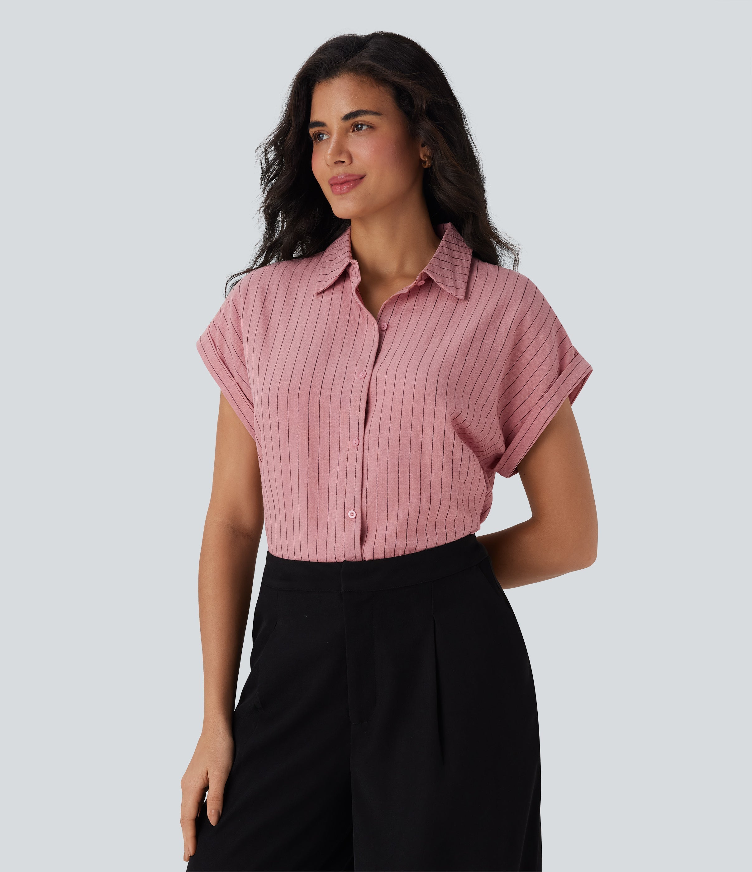 Short Sleeve Stripe Work Linen-Feel Shirt