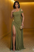 One Shoulder Sash Cinch Waist Ruched High Slit Maxi Dresses-Green