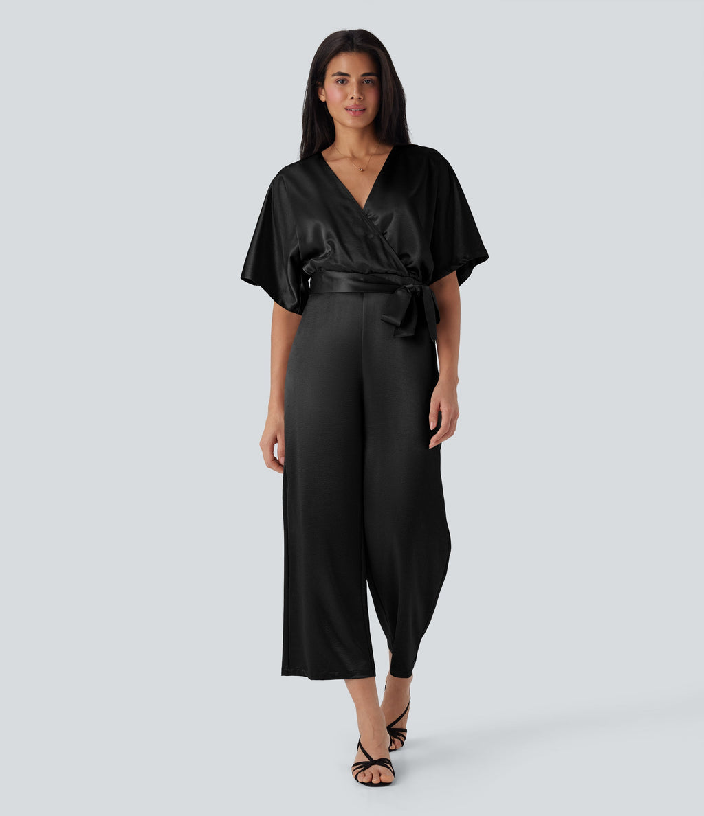 Crossover V Neck Belted Wide Leg Satin-like Work Jumpsuit with Pockets