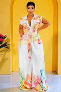 Turndown Collar Cap Sleeve Floral Wide Leg Jumpsuit-Multicolor