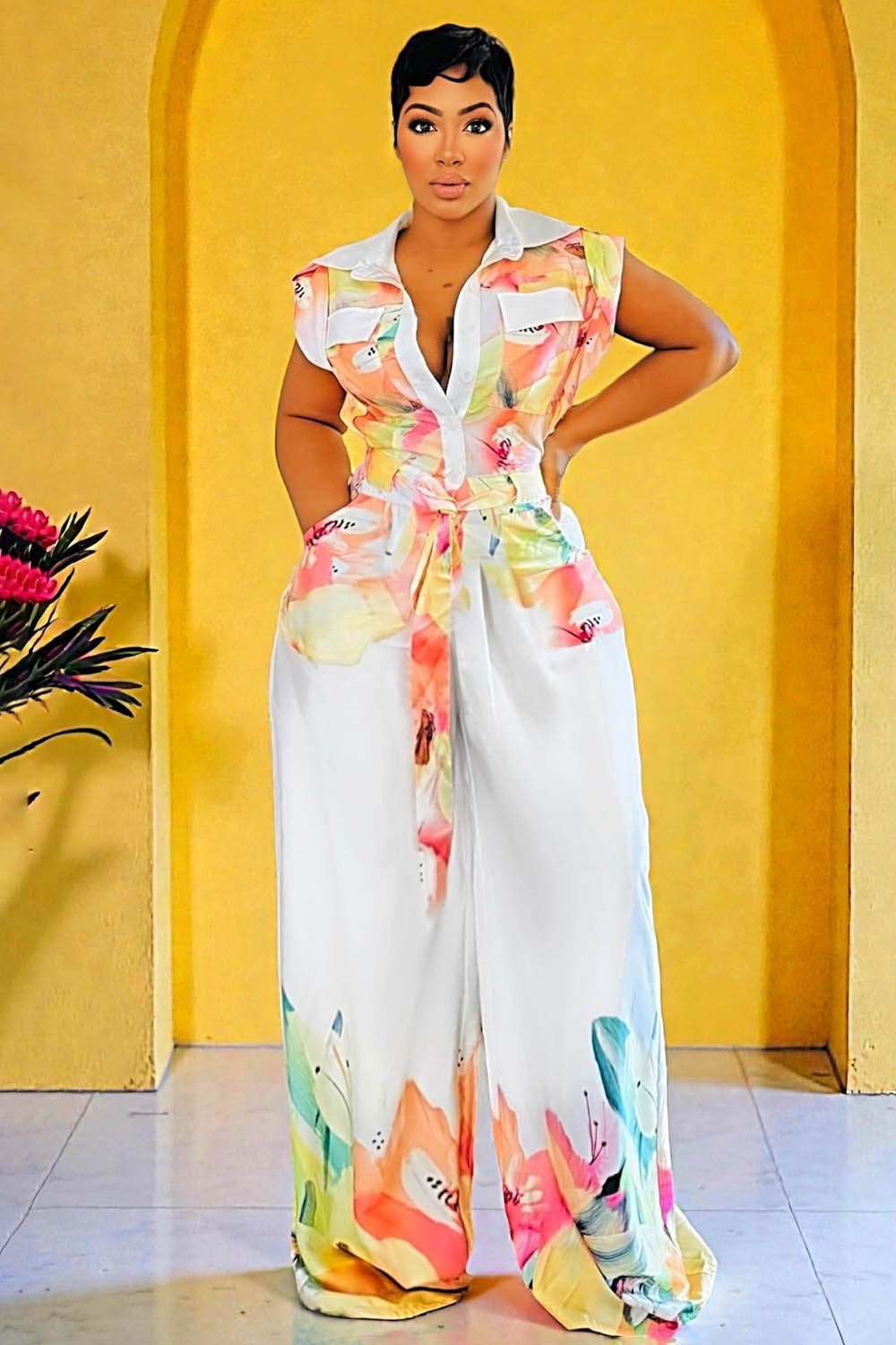 Turndown Collar Cap Sleeve Floral Wide Leg Jumpsuit-Multicolor