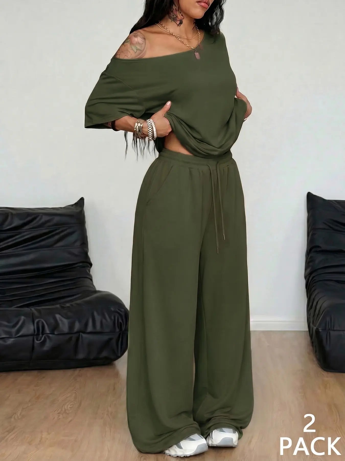 2pcs/Set Women's Minimalist Basic Daily Wear Going Out Sport Comfortable Off Shoulder T-Shirt And Wide Leg Pants Two Pieces Outfits