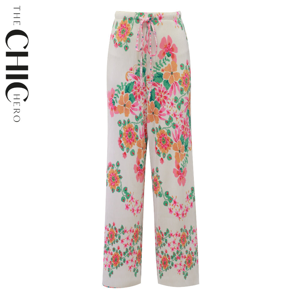 Colorful Floral Patterns V-Neck Vest Top & Pleated Pants