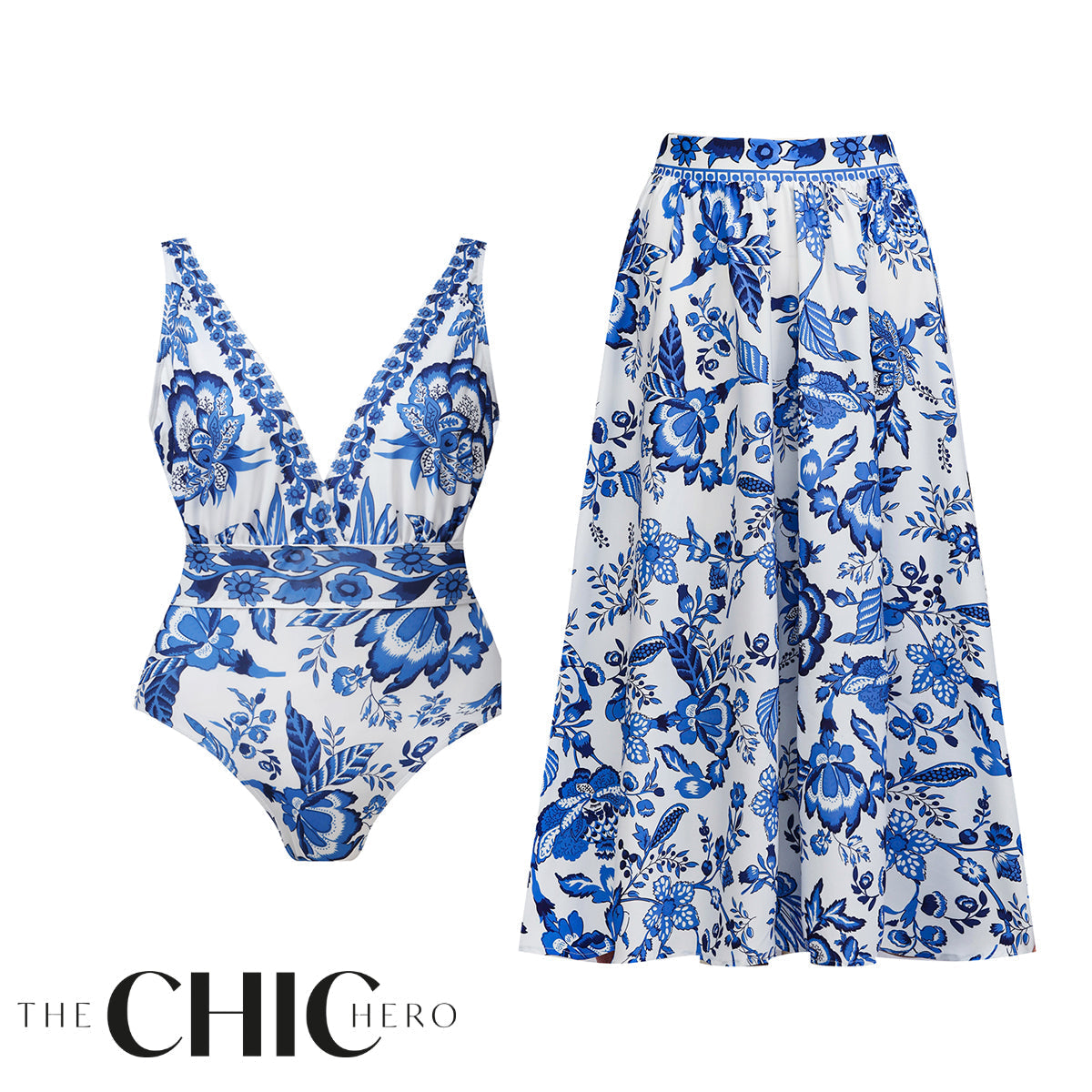 Chic Indigo Botanical Print One-Piece Swimsuit&Skirt