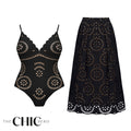 Black Scalloped Hollow Sexy One-Piece Swimsuit&Skirt