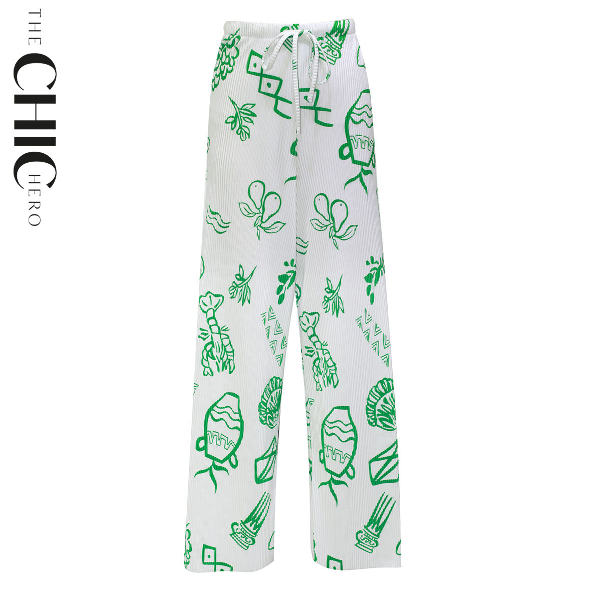 Green Whimsical Illustrated Print Pattern V-Neck Vest Top & Pleated Pants