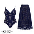 Blue Scalloped Hollow Sexy One-Piece Swimsuit&Skirt