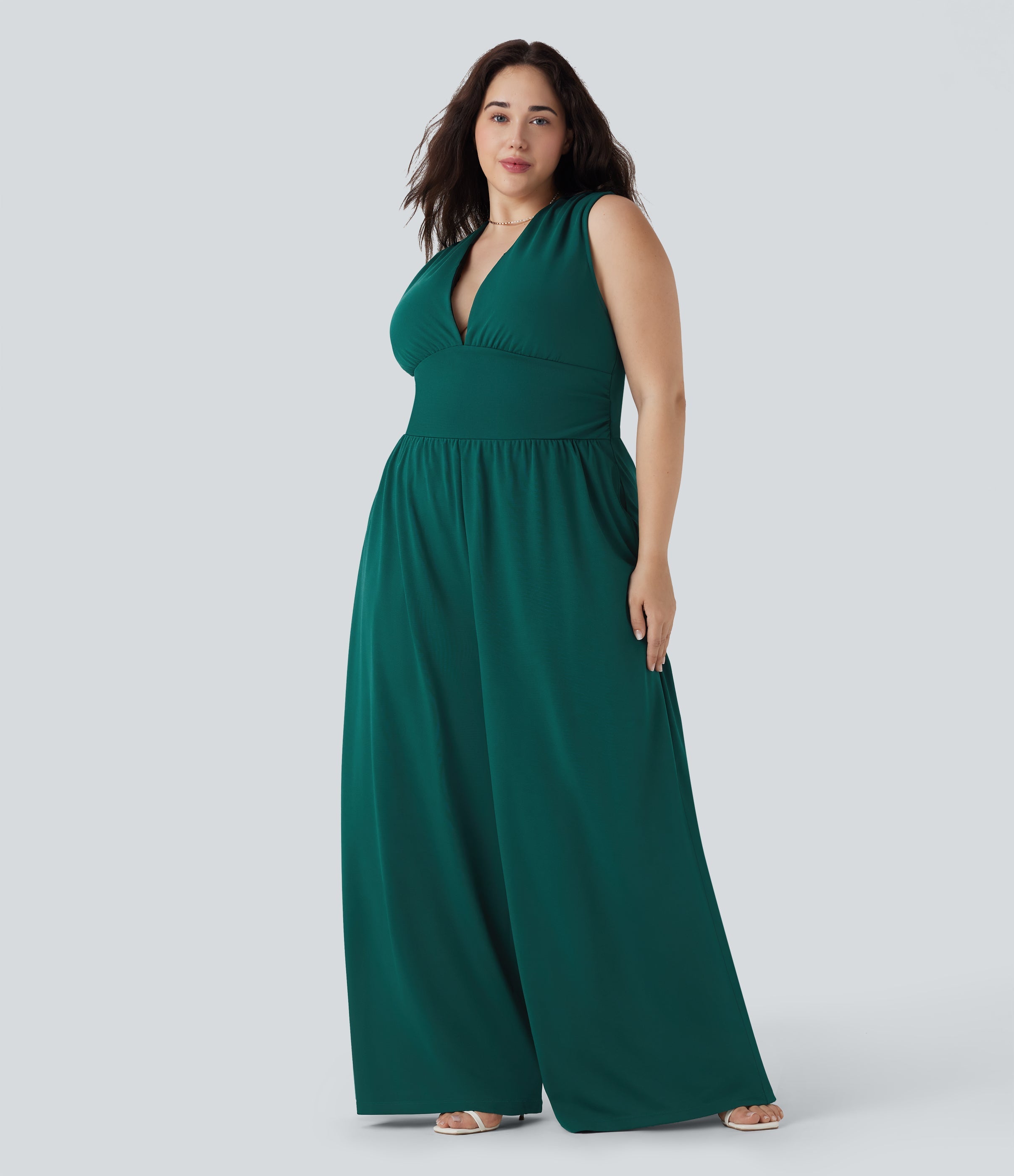 Plus Size V Neck Sleeveless Jumpsuit with Pockets-Easy Peezy Edition