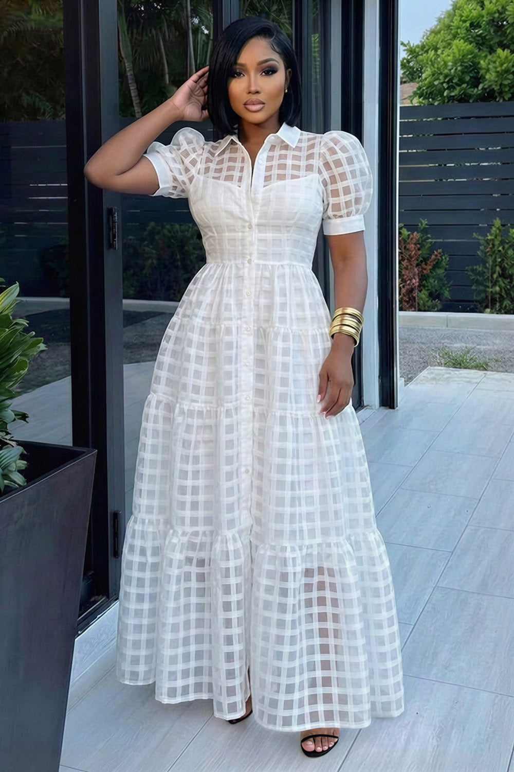 Turndown Collar Puff Sleeve Plaid A-Line Maxi Dresses-White [Pre Order]