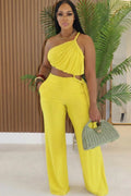 Ruched One Shoulder Cami Top High Rise Pants 2pcs Set-Yellow