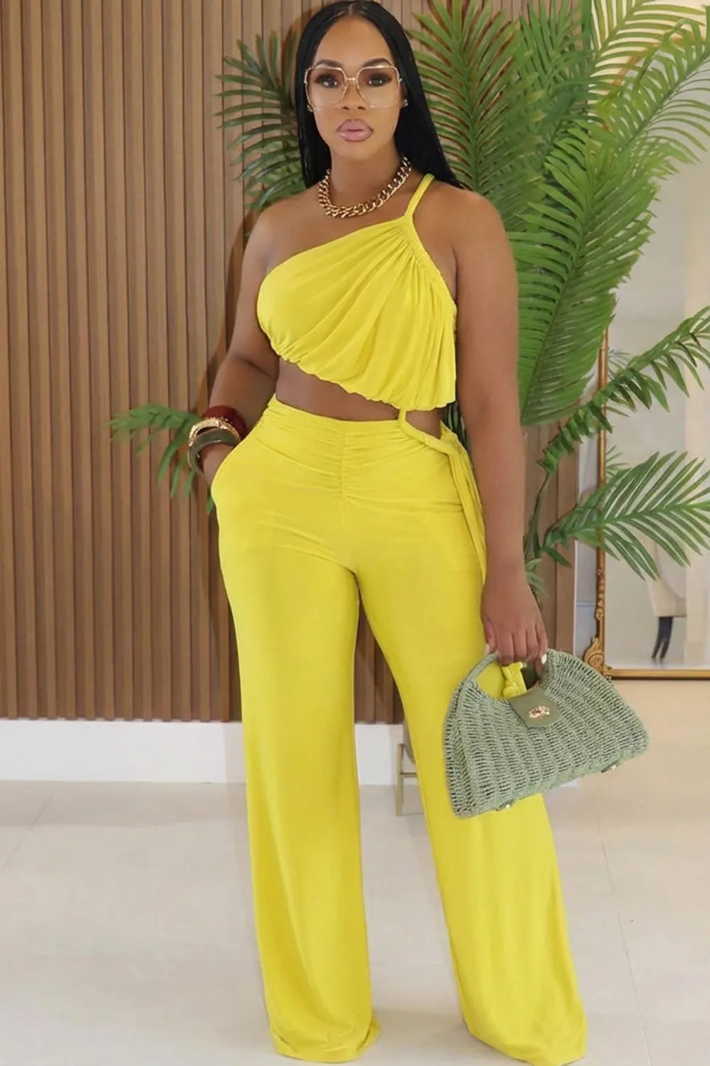 Ruched One Shoulder Cami Top High Rise Pants 2pcs Set-Yellow