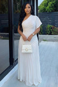 One Shoulder Ruched Cinch Waist Solid Color Maxi Dresses-White