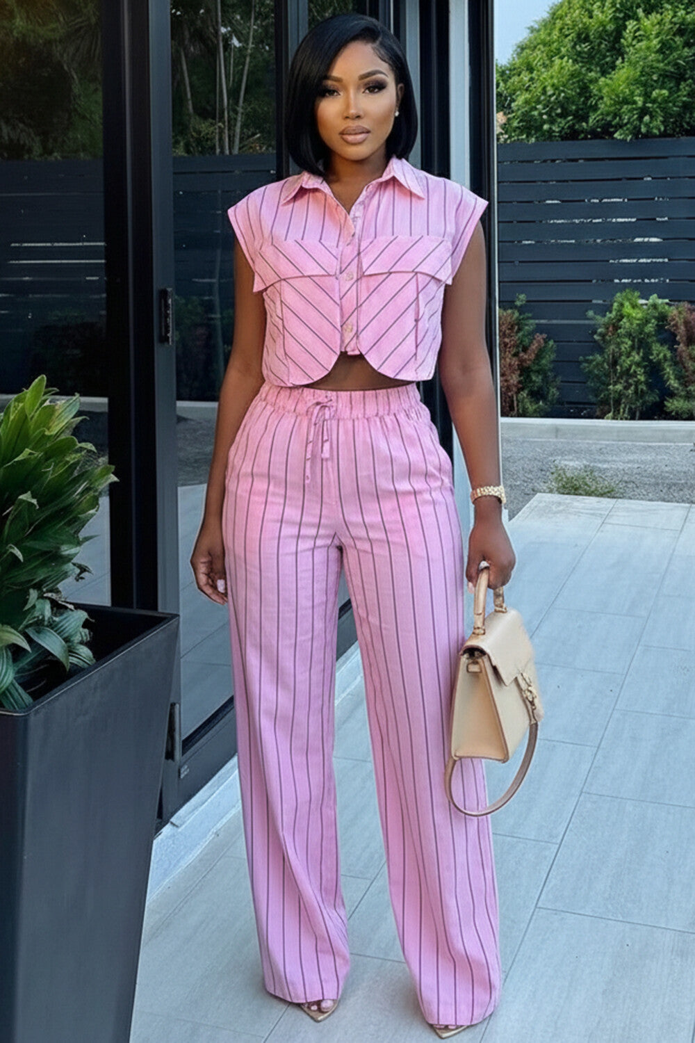 Turndown Collar Sleeveless Top Drawstring Pants 2pcs Set-Pink