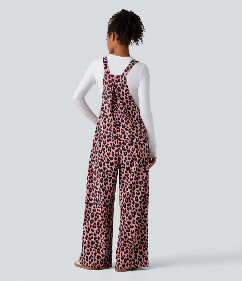 Leopard Print Waffle Casual Overalls with Pockets
