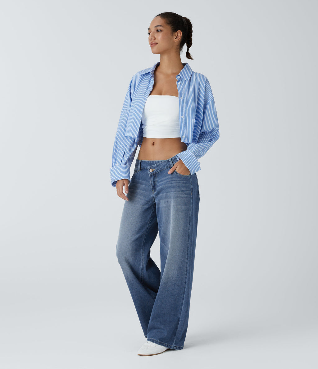FlexTM Asymmetric Low Rise Zipper Pockets Baggy Wide Leg Washed Casual Jeans