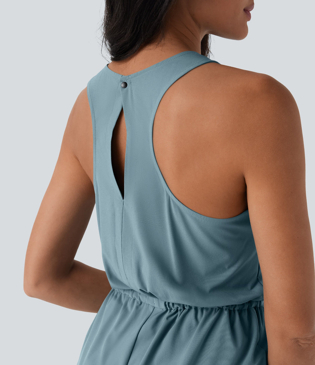BreezefulTM Sleeveless Cut Out Drawstring Quick Dry Hiking Romper with Pockets