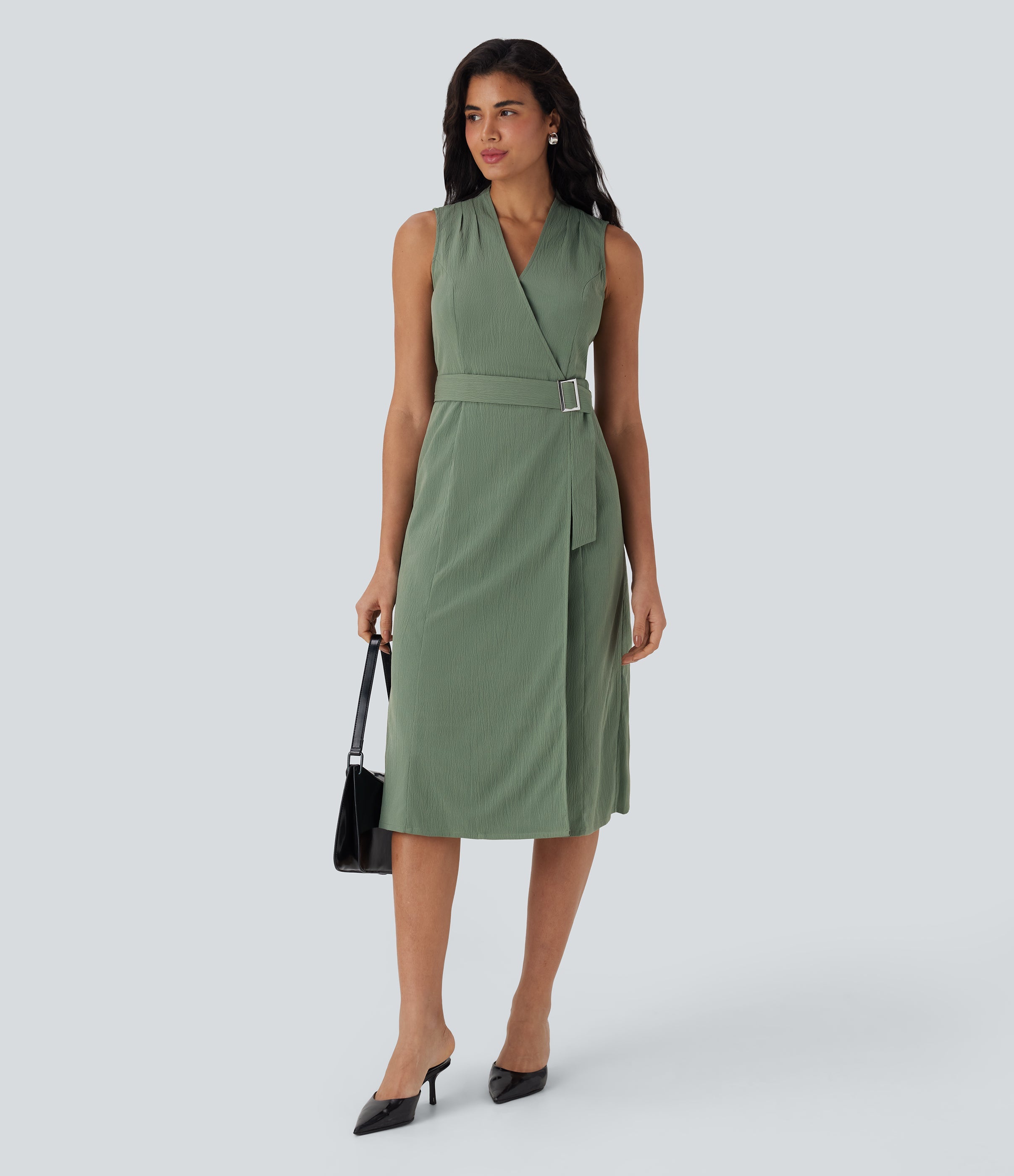 Anti-wrinkle V Neck Sleeveless Wrapped Belted Midi Travel Dress with Pockets