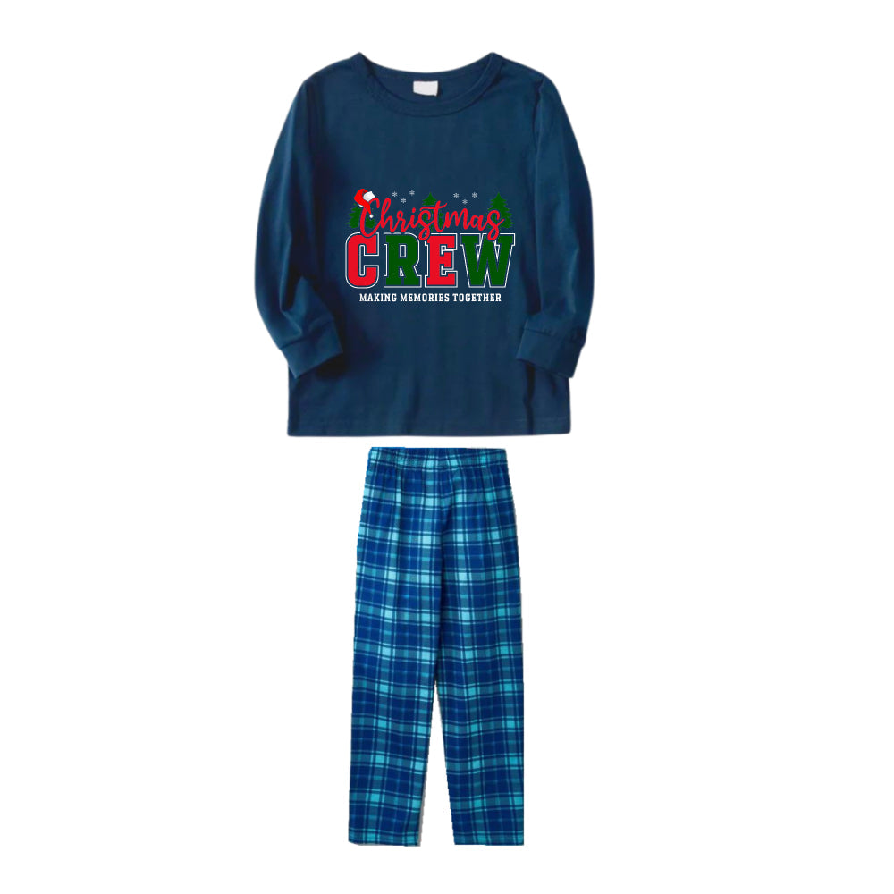 Christmas Family Matching Pajamas-Navy & Sky Blue Plaid Pjs Set with "Christmas Crew Making Memories Together" Slogan Print