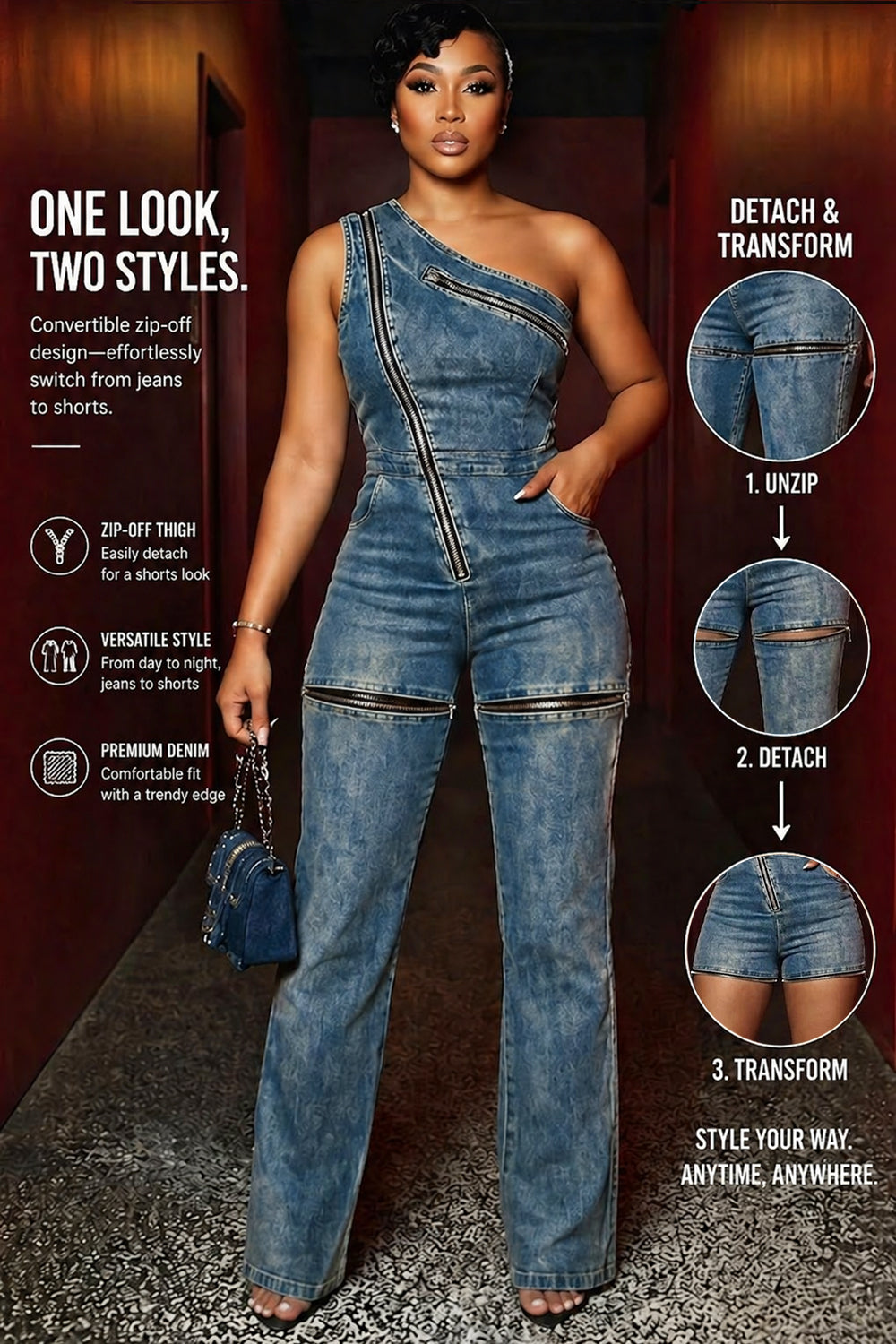 Denim One Shoulder Detachable Zip-Off Slim Fit Jumpsuit-Blue [Pre Order]