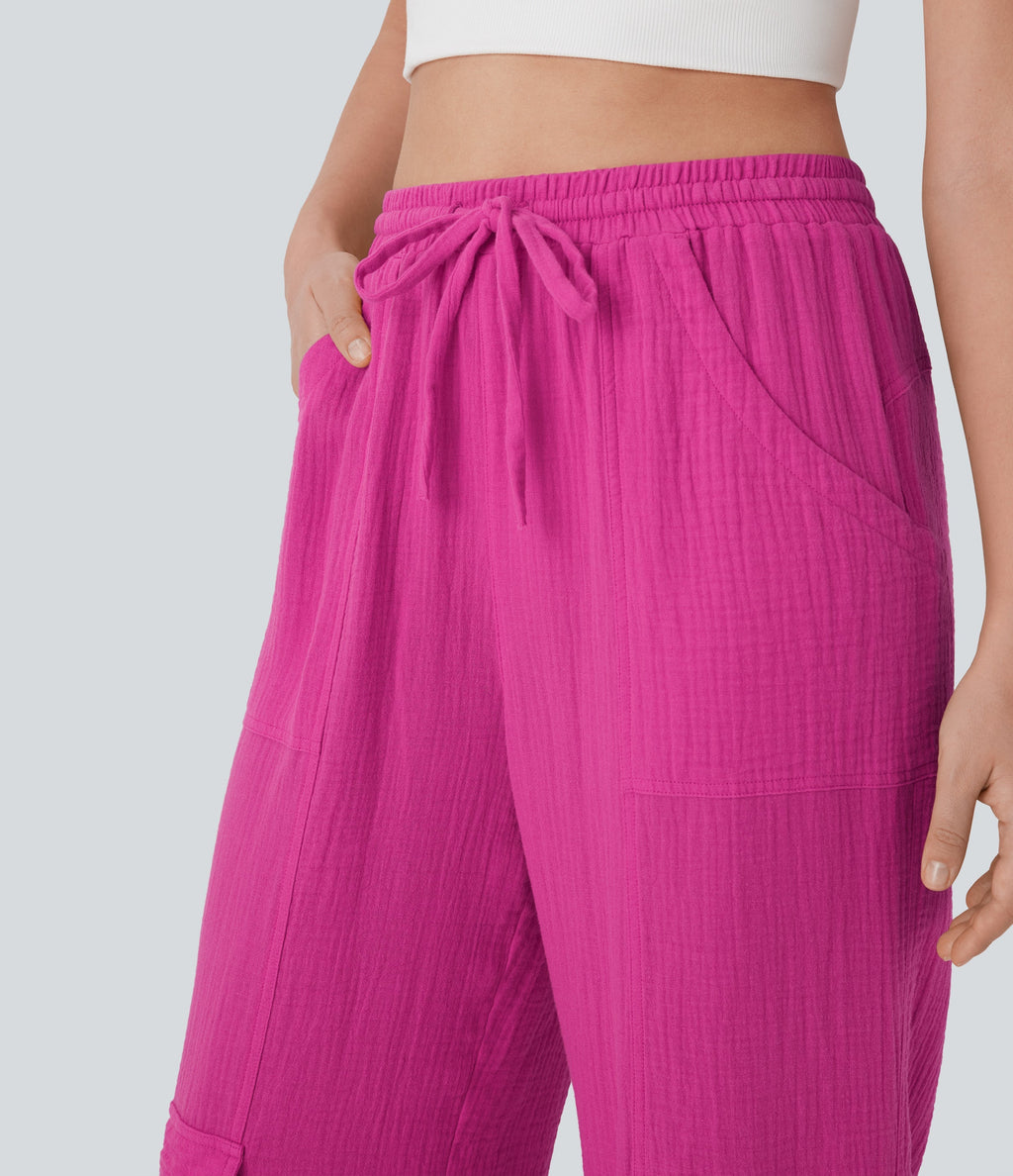High Waisted Drawstring Wide Leg Cargo Casual Cotton Pants with Pockets