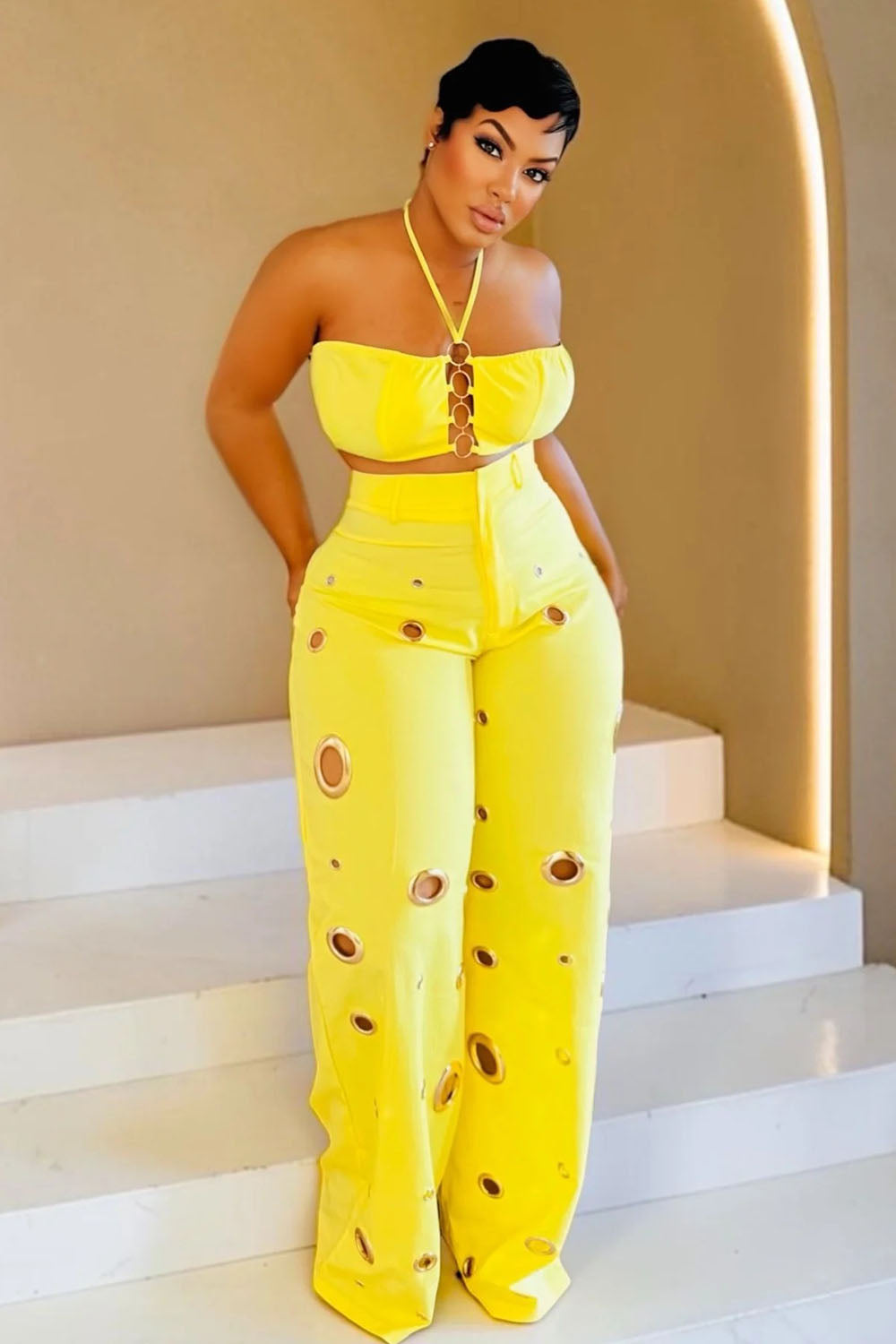 Halter Crop Top High Waist Hollow Pants Casual 2pcs Set-Yellow [Pre Order]