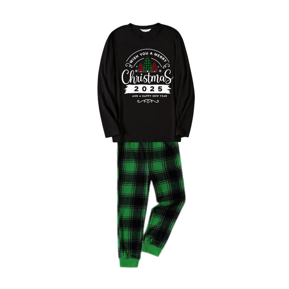 Christmas Family Matching Pajamas-Black Top and Green Plaid Pants Pjs Set with "Wish You A Merry Christmas 2025" Print