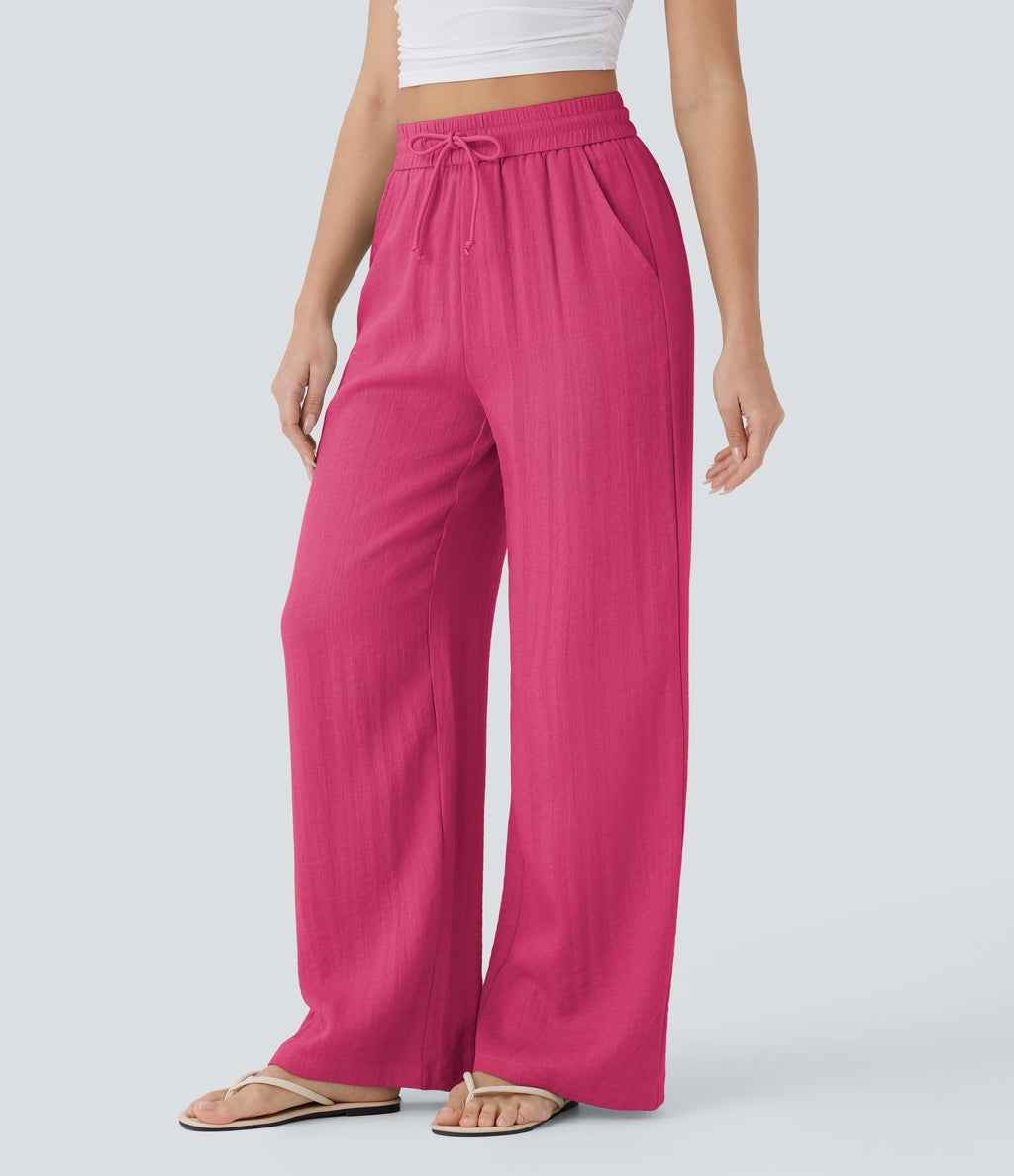 2026🔥 High Waisted Drawstring Pocket Wide Leg Casual Linen-Feel Pants