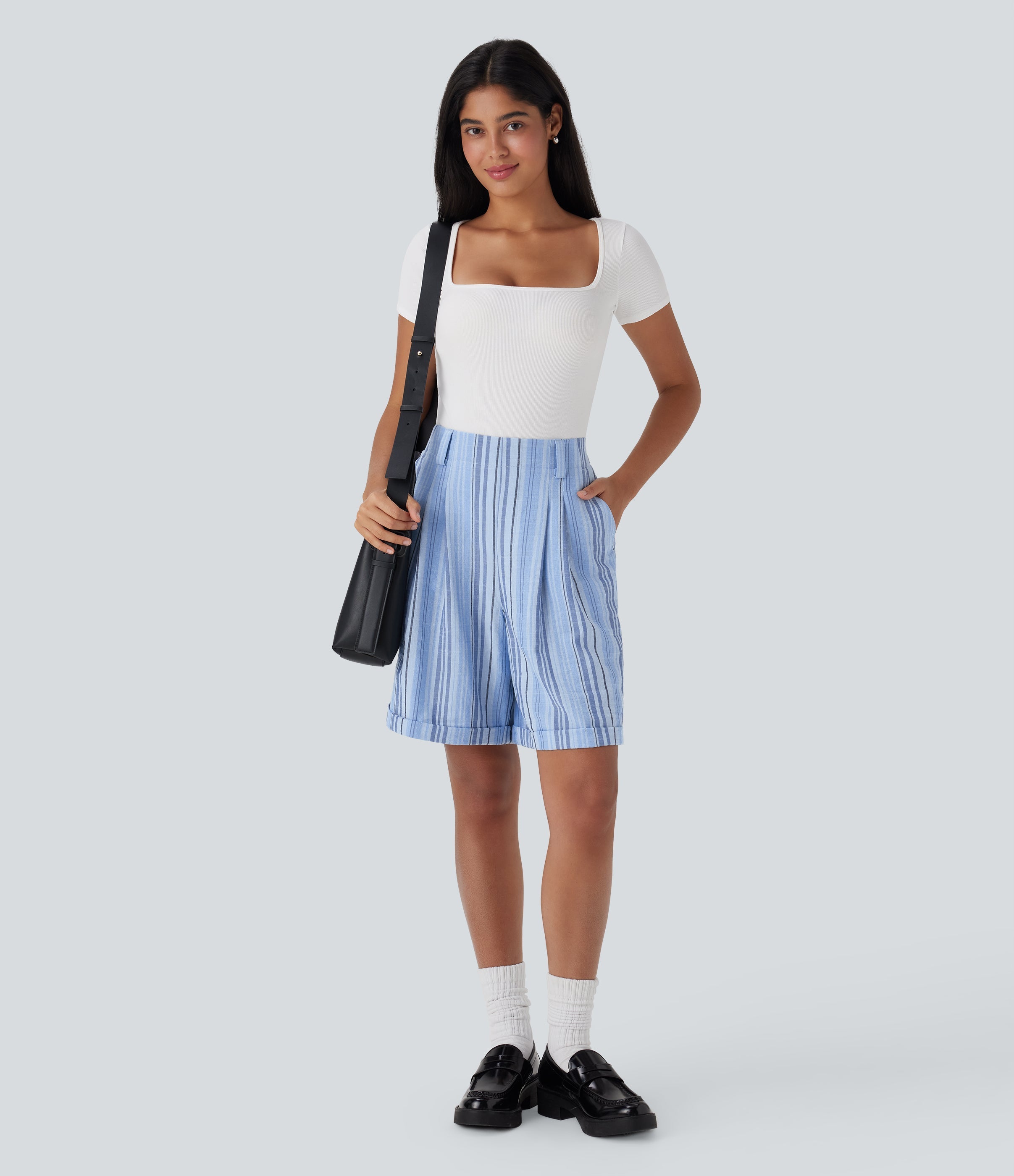High Waisted Stripe Work Linen-Feel Bermuda Shorts with Pockets